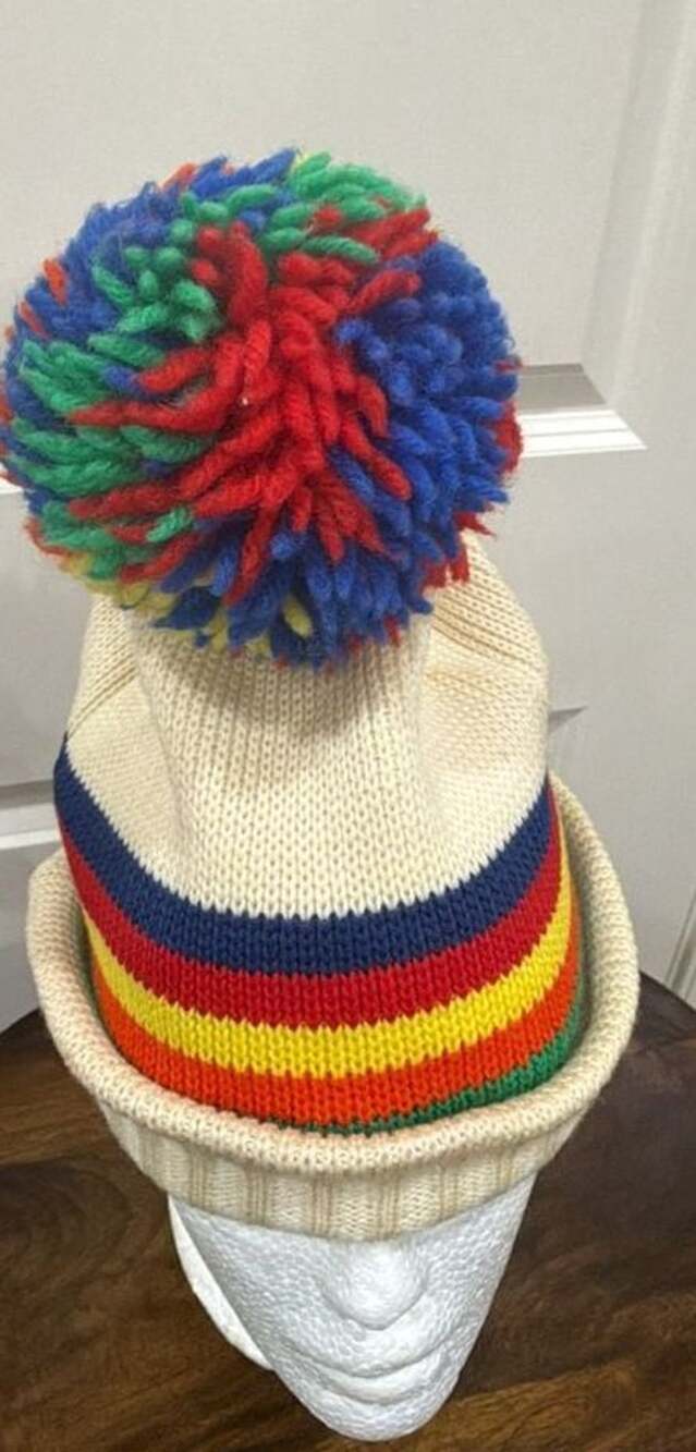 Vintage Smiley 100% Wool Rainbow Striped Knit Pom Beanie Hat